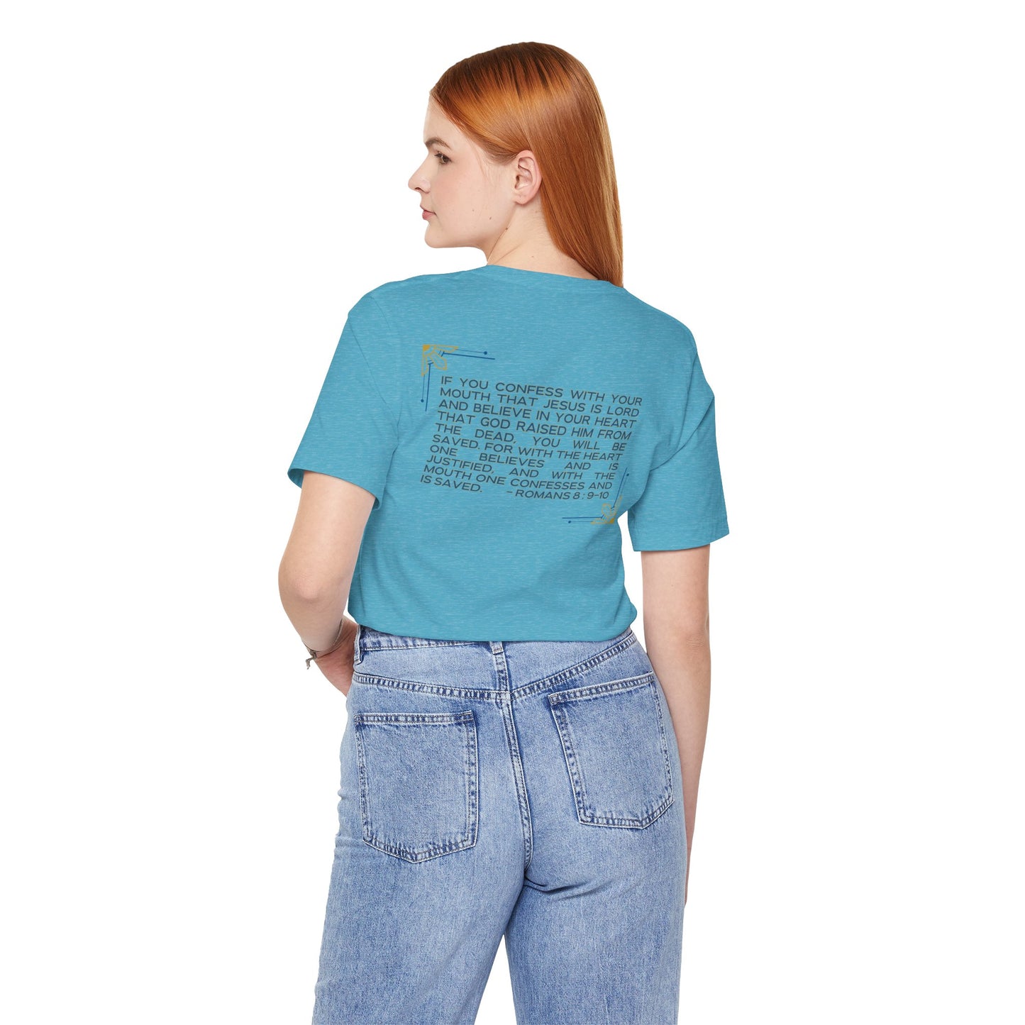 Still Saving Souls shirt in turquoise with Romans 8:9-10 scripture verse on the back