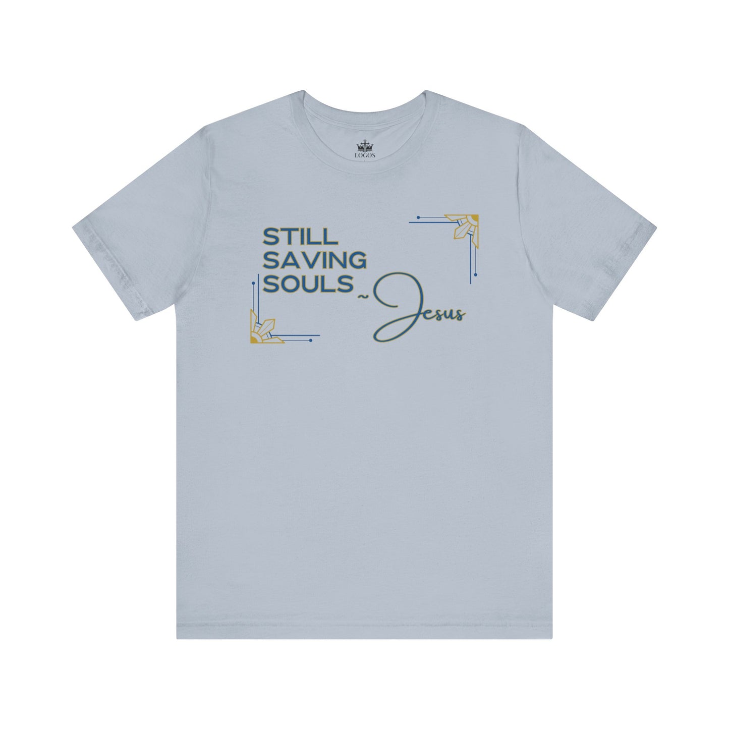 Light gray Logos Co. T-shirt with Still Saving Souls shirt design and Jesus text in decorative font