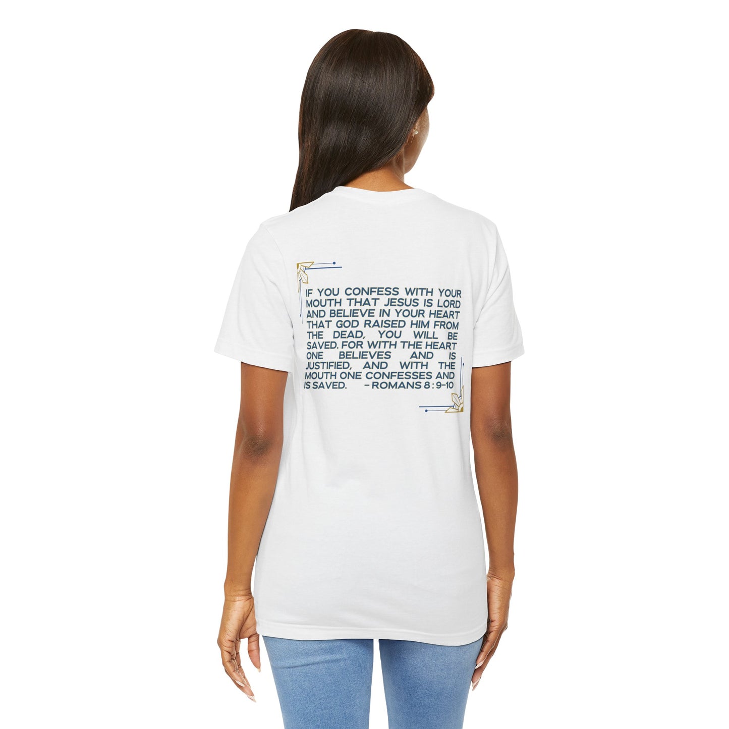 Logos Co. white Still Saving Souls shirt with Bible verse Romans 8:9-10 printed on back worn by woman