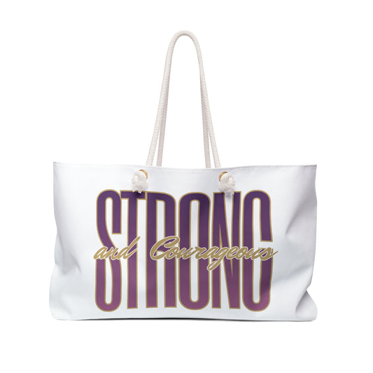 Strong and courageous Scripture bag in white with bold typography for daily use