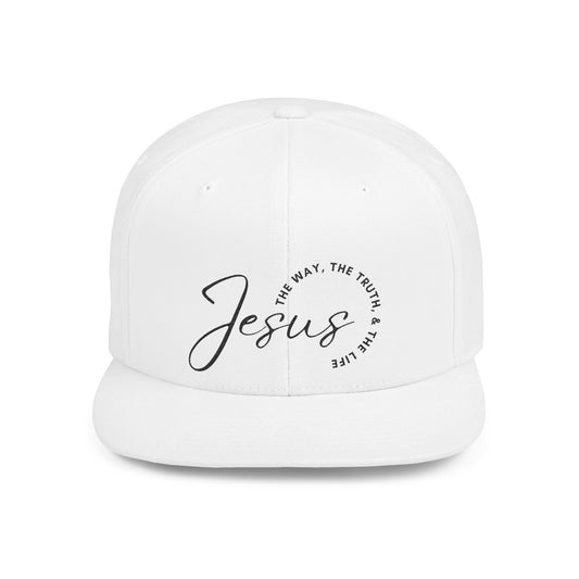 White flat brim hat featuring the phrase the way the truth the life hat with stylish script design