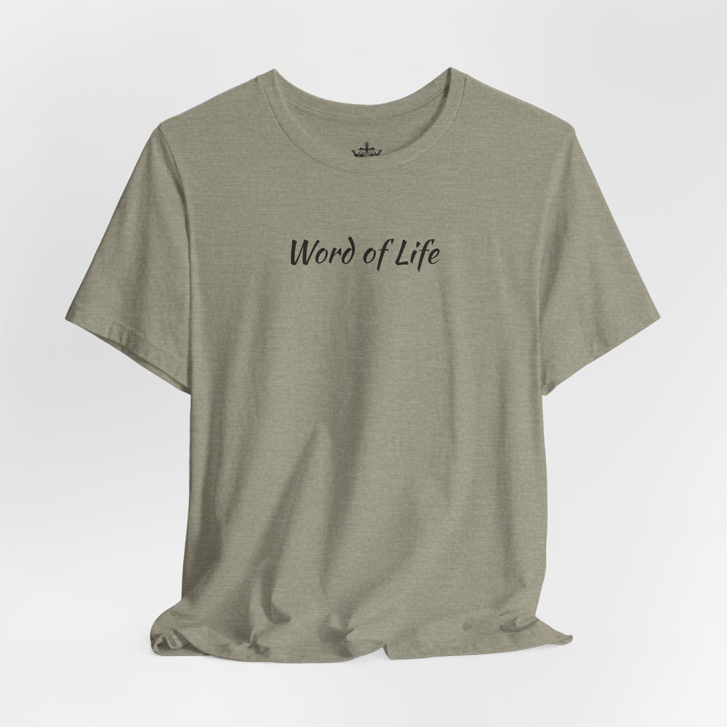 Gray Word of Life Christian shirt printed T-shirt by Logos with simple black text design