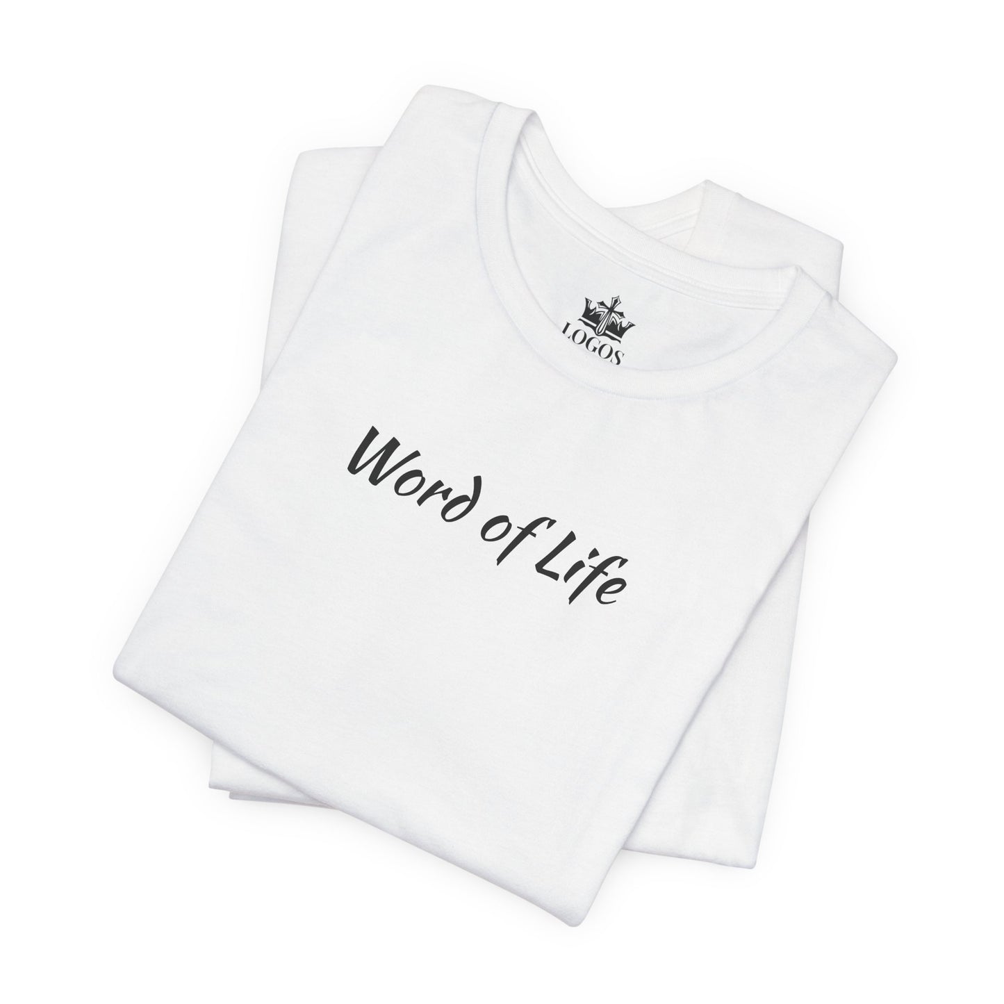 White Word of Life Christian shirt by Logos with simple black text design folded neatly