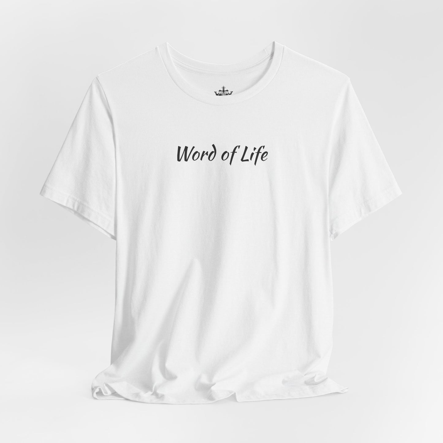 White Word of Life Christian shirt by Logos with simple black text design on front