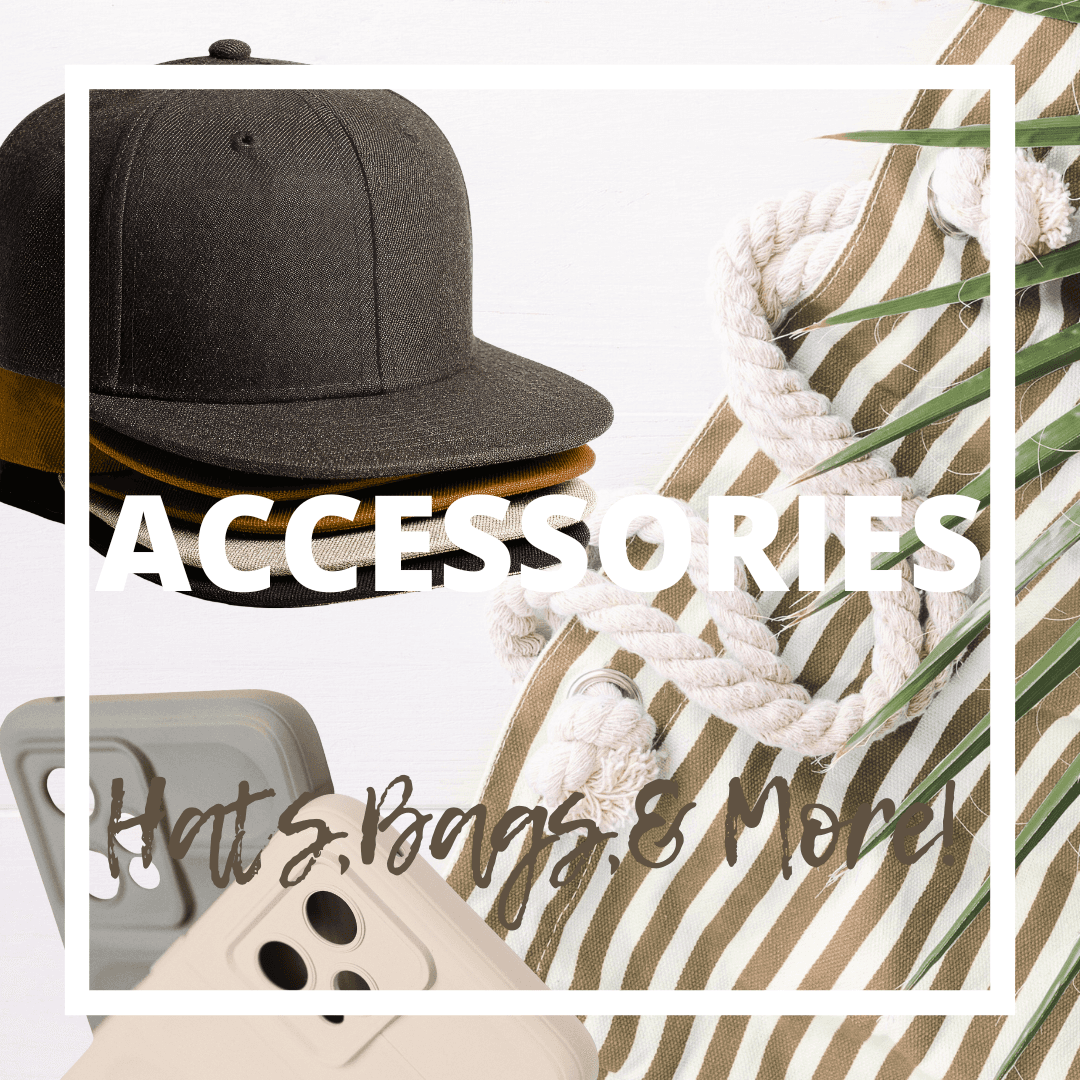 Christian Accessories including hats and bags with inspirational phrases in neutral colors, front view