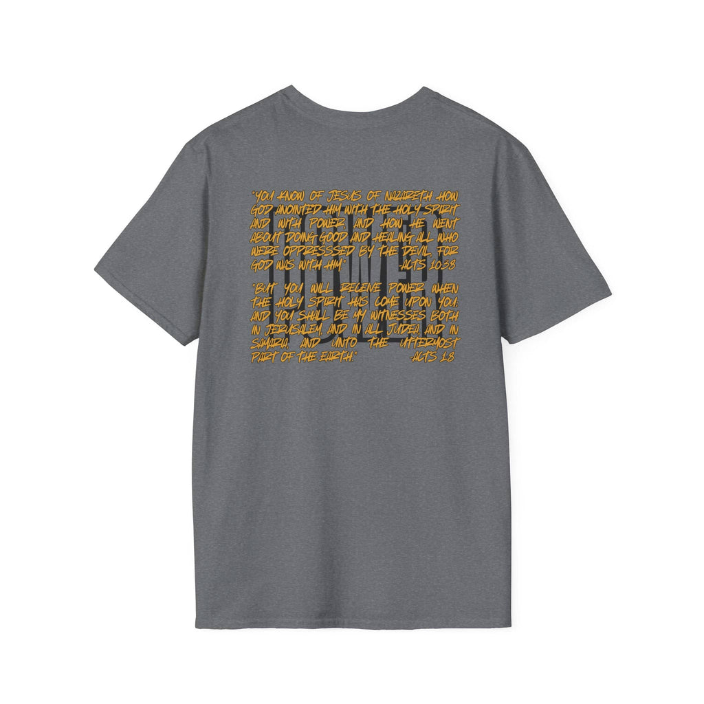 Back view of gray scripture graphic tee featuring inspirational text in yellow