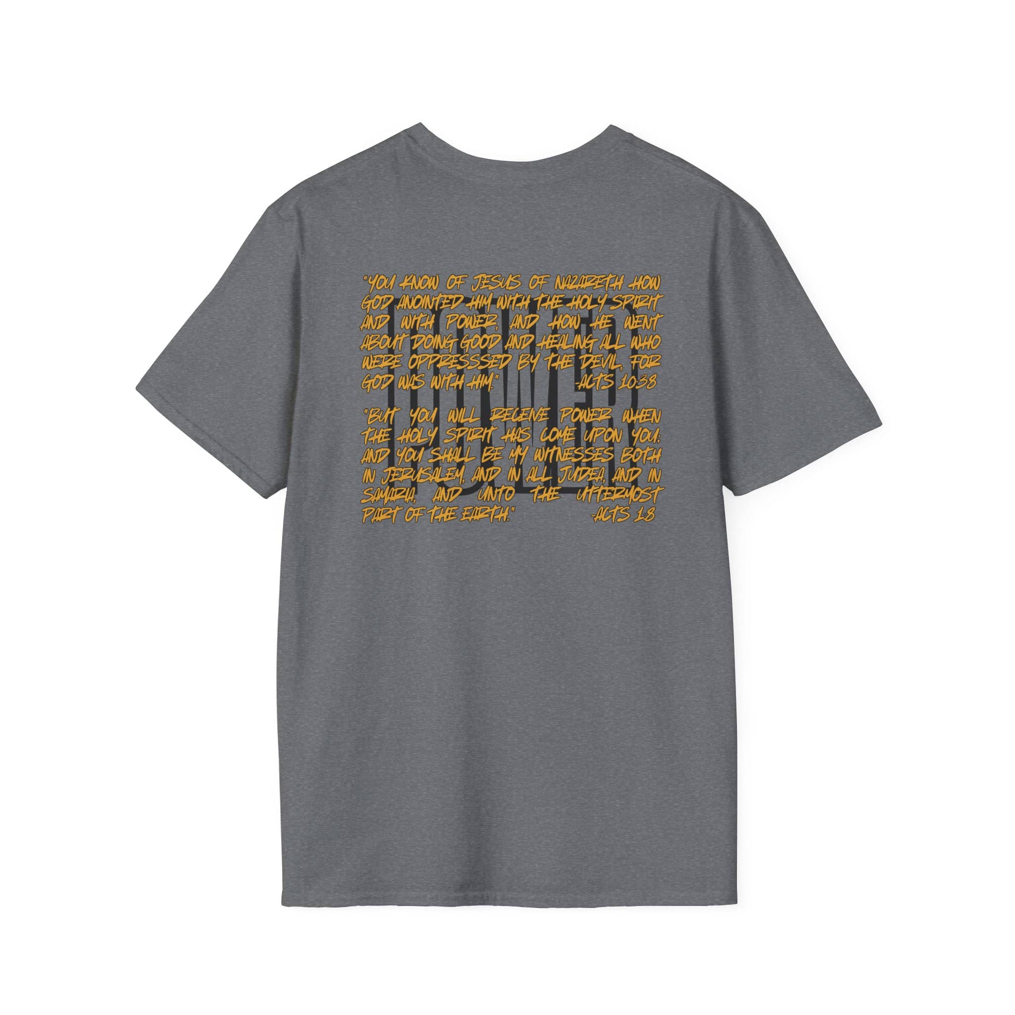 Back view of gray scripture graphic tee featuring inspirational text in yellow