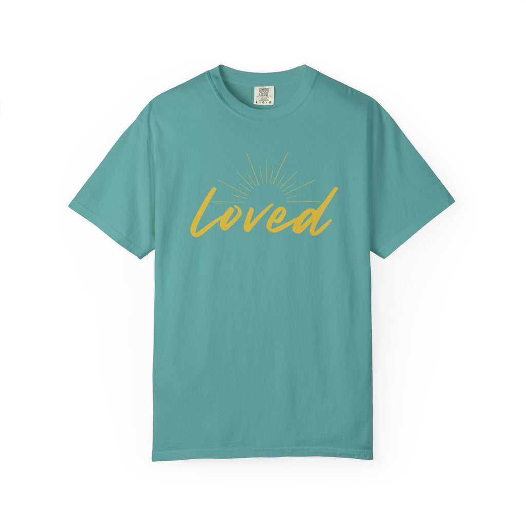 Loved Script T-Shirt — "Loved" Gold Script Tee with Inspirational Scripture Text (John 15:9-10)
