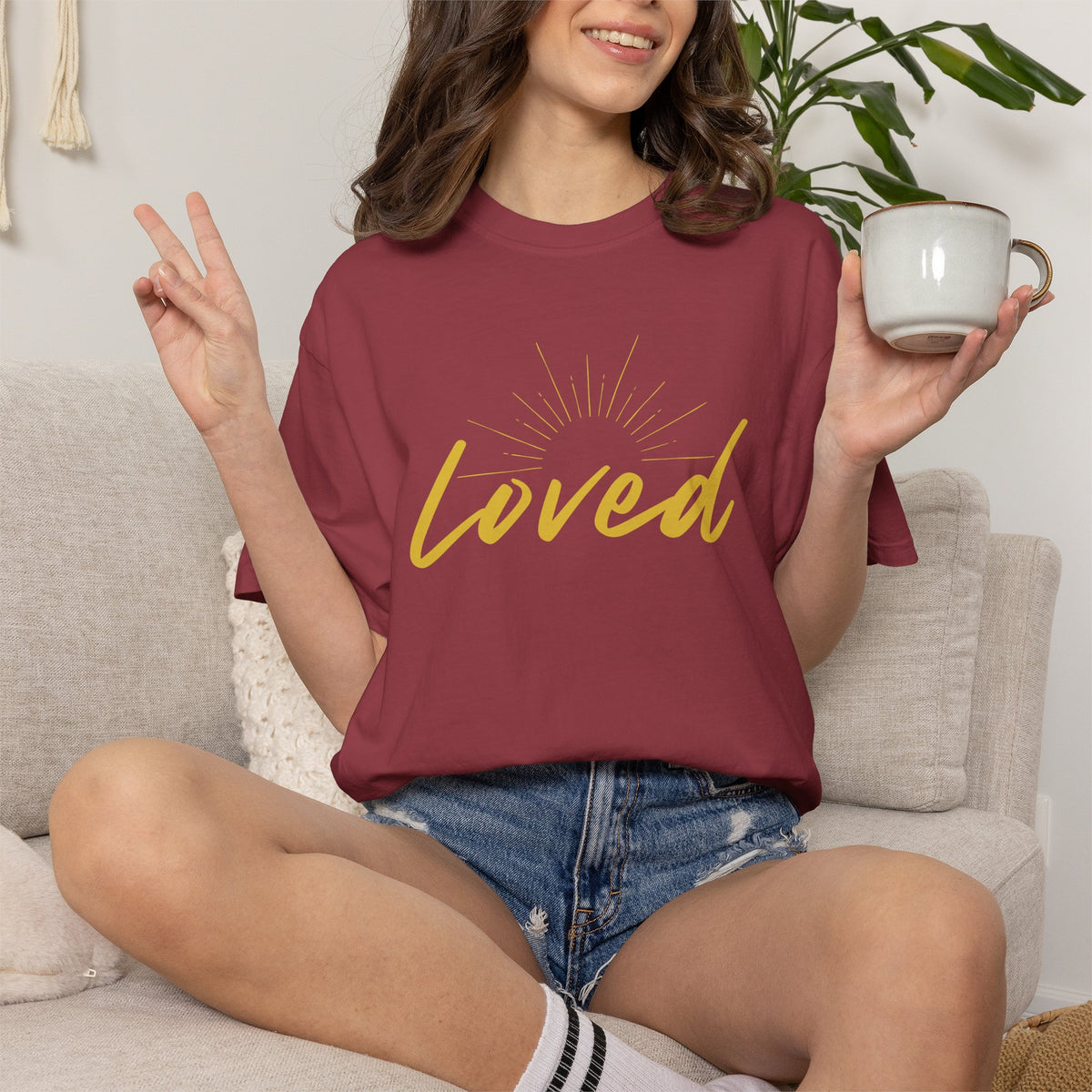 Loved Script T-Shirt — "Loved" Gold Script Tee with Inspirational Scripture Text (John 15:9-10)