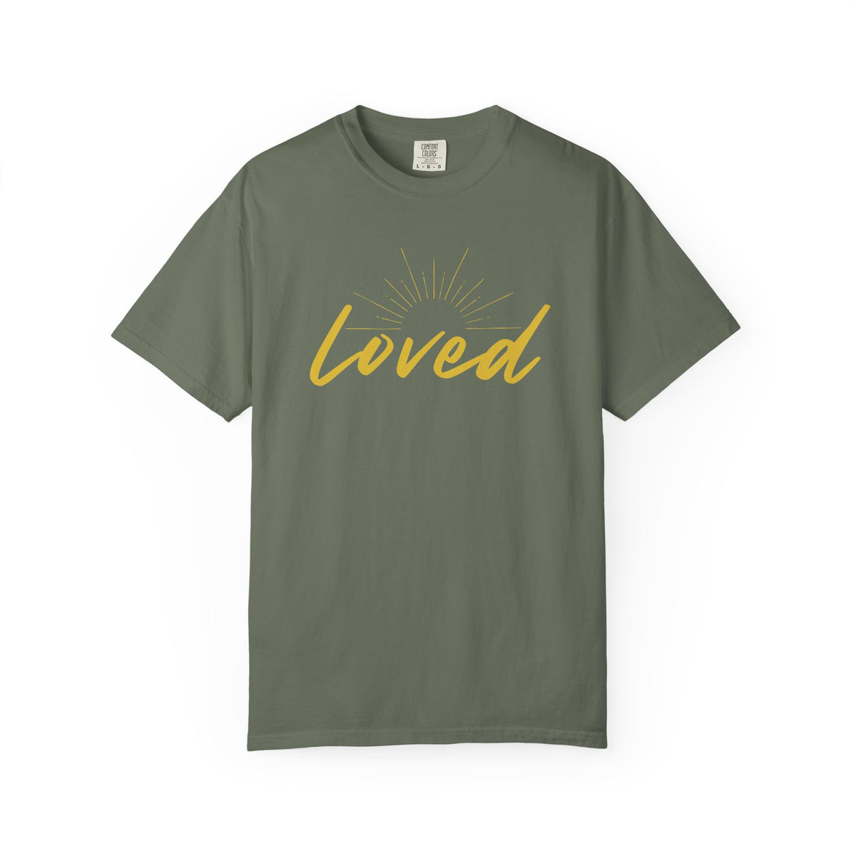 Loved Script T-Shirt — "Loved" Gold Script Tee with Inspirational Scripture Text (John 15:9-10)
