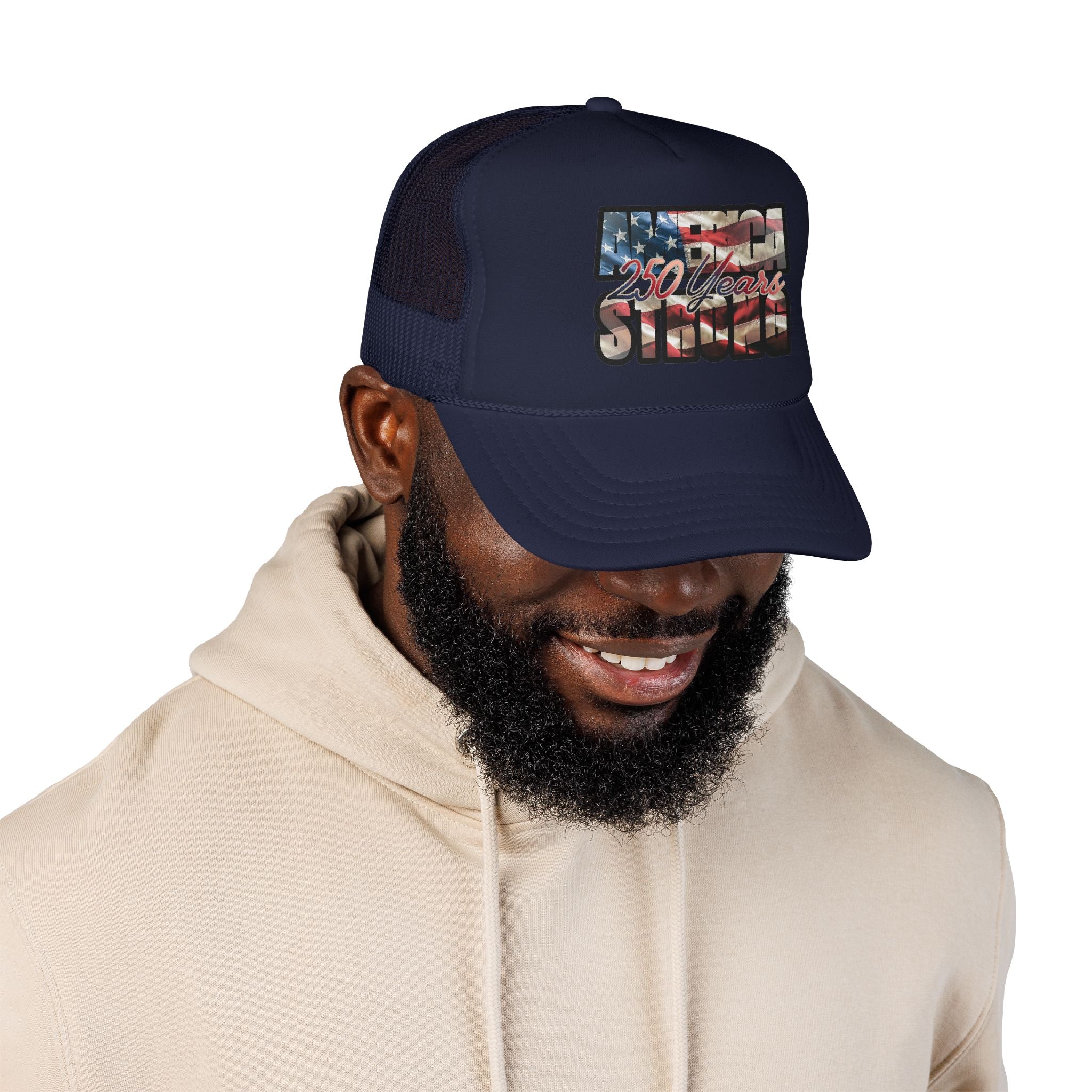 "250 Years Strong" Vintage American Flag Trucker Hat — Patriotic Cap