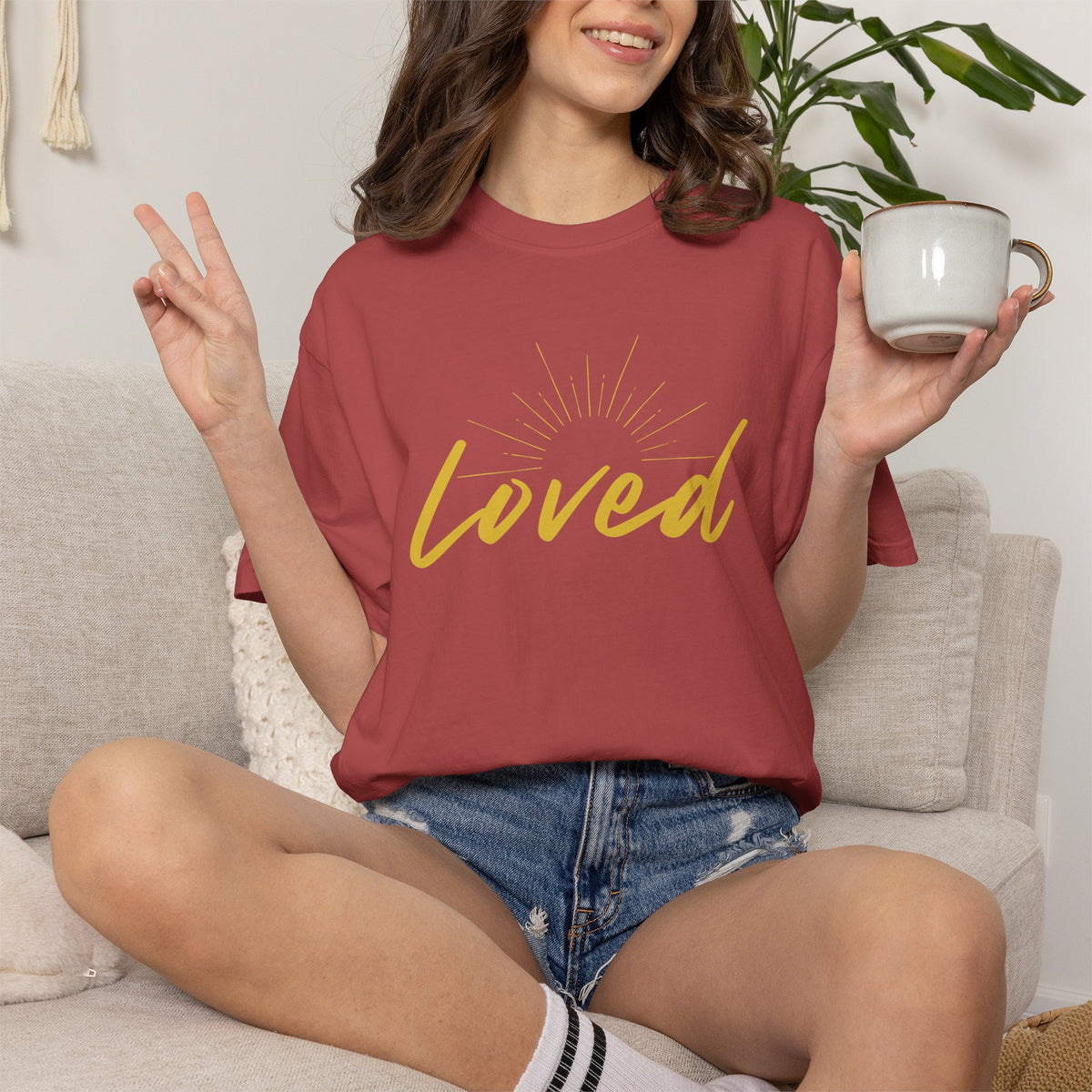 Loved Script T-Shirt — "Loved" Gold Script Tee with Inspirational Scripture Text (John 15:9-10)