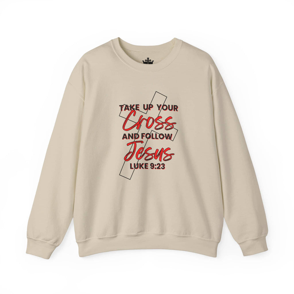 Sweatshirt with 'Take Up Your Cross and Follow Jesus' Luke 9:23 in red on a beige background, front view