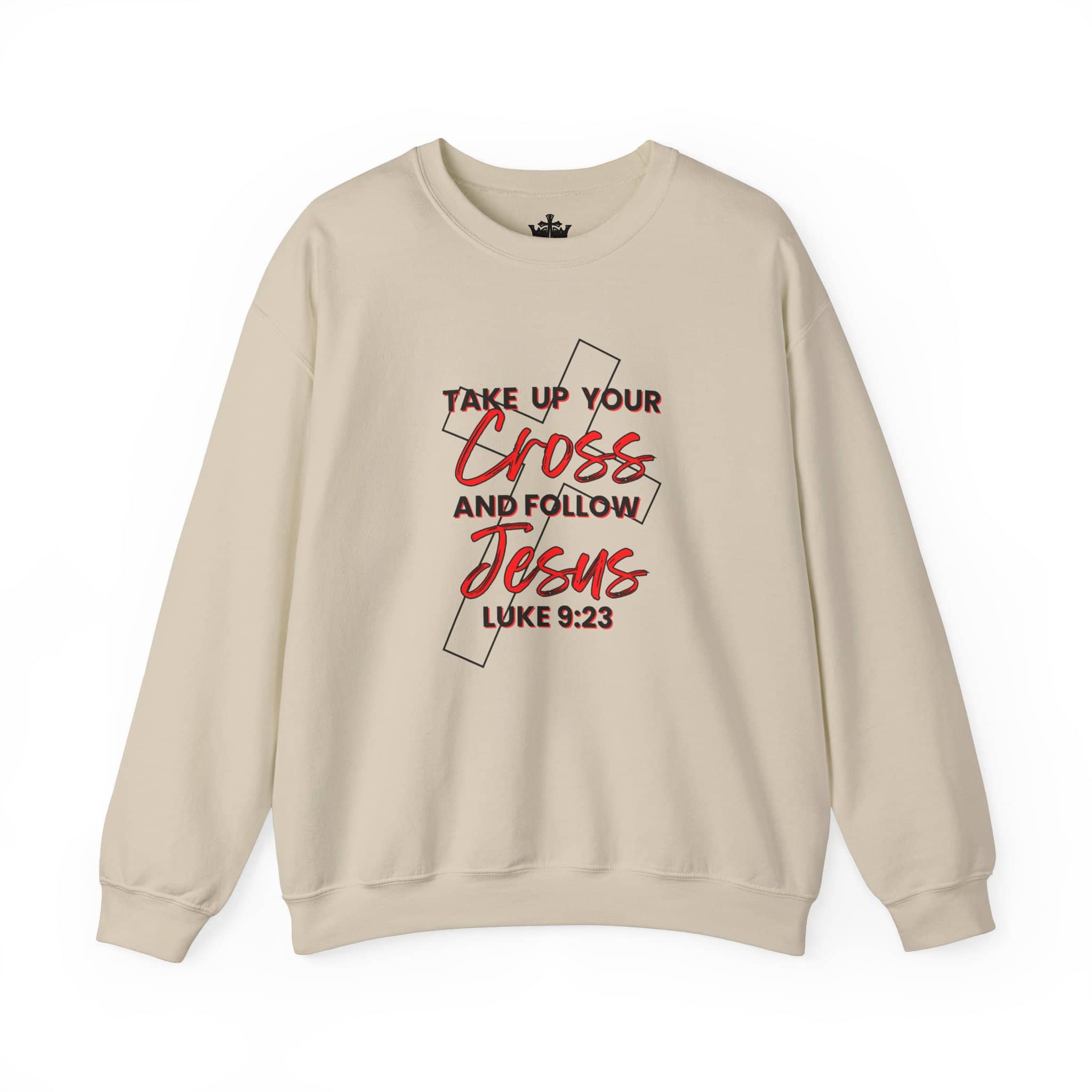 Sweatshirt with 'Take Up Your Cross and Follow Jesus' Luke 9:23 in red on a beige background, front view