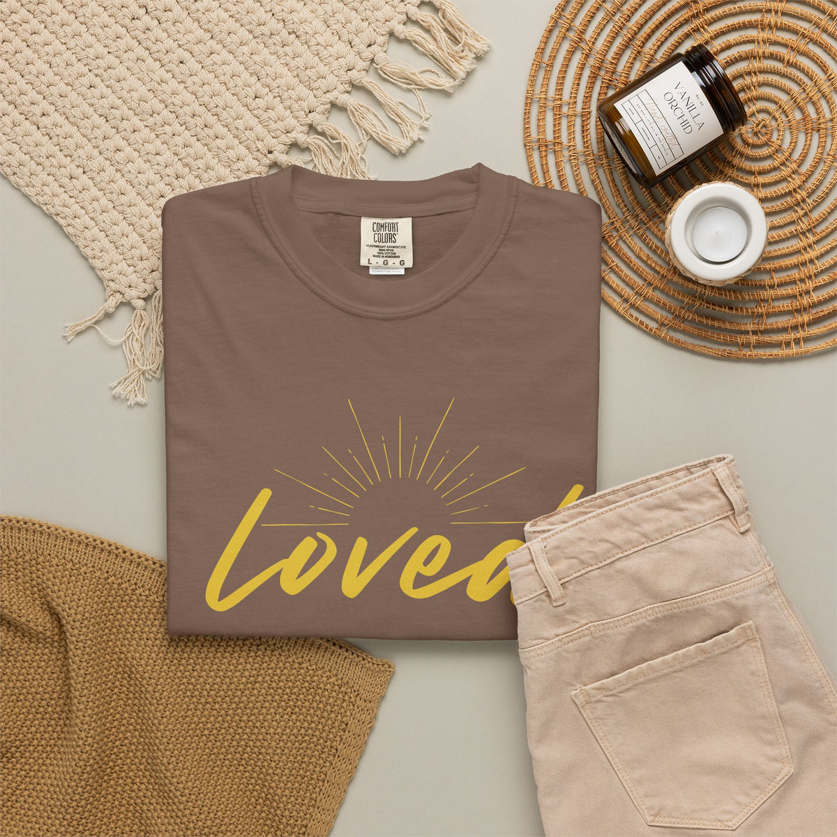 Loved Script T-Shirt — "Loved" Gold Script Tee with Inspirational Scripture Text (John 15:9-10)