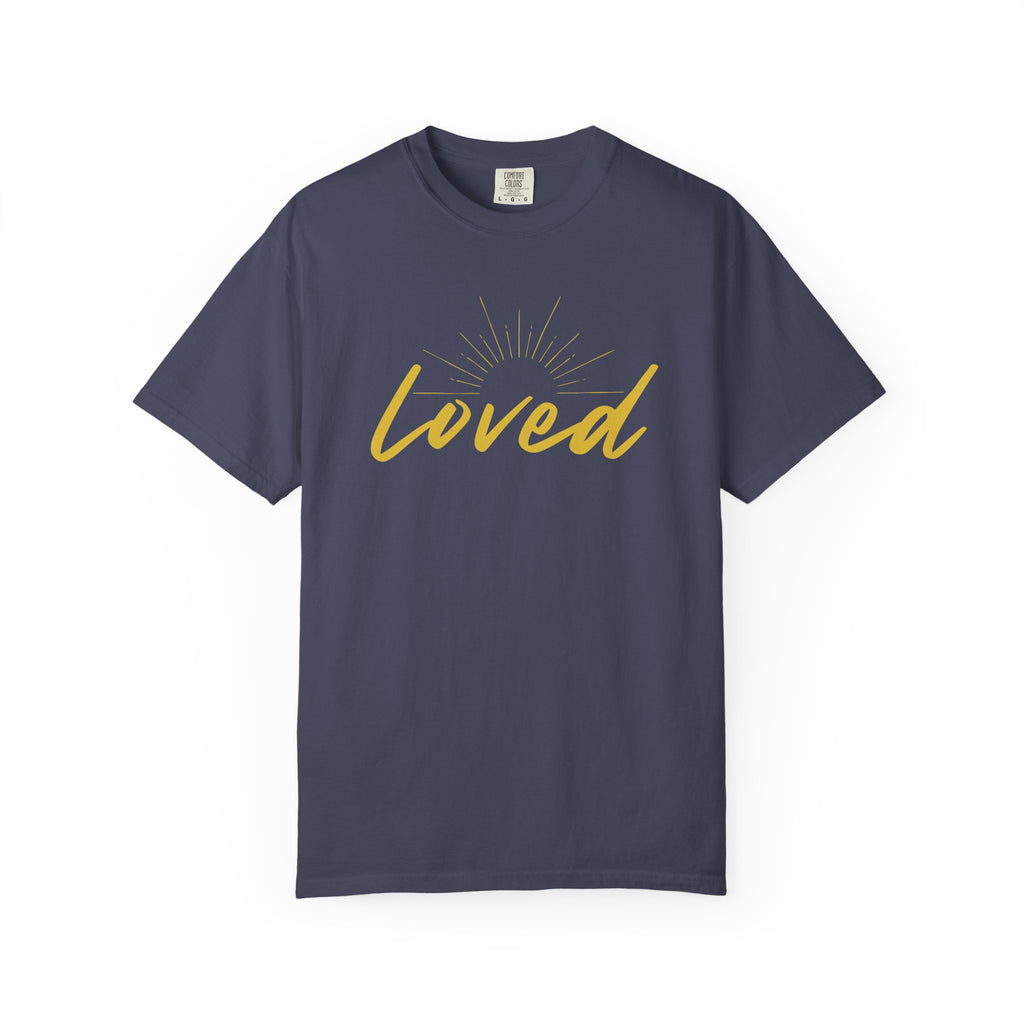 Loved Script T-Shirt — "Loved" Gold Script Tee with Inspirational Scripture Text (John 15:9-10)