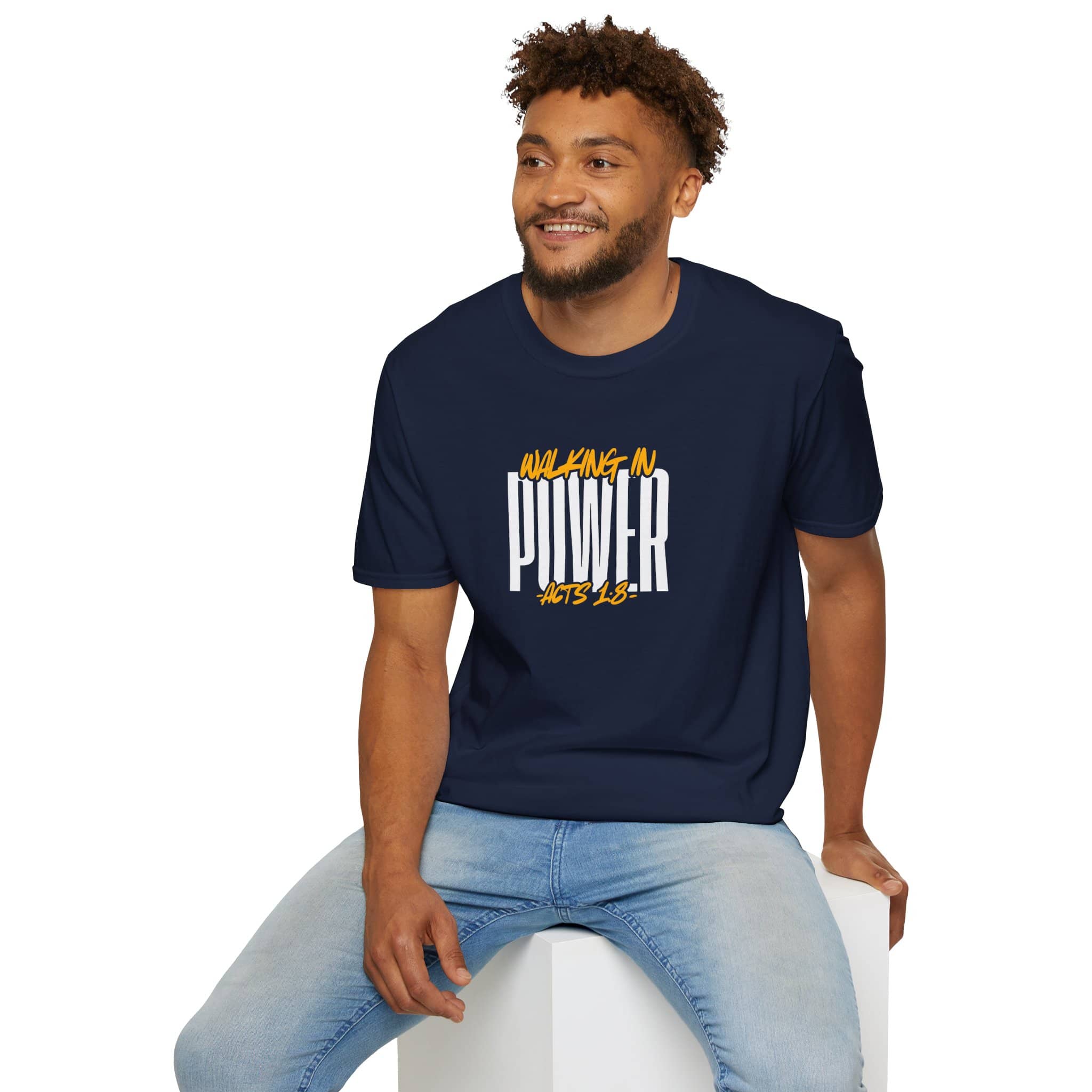 T-Shirt with 'Walking in Power' scripture graphic tee in navy blue, front view