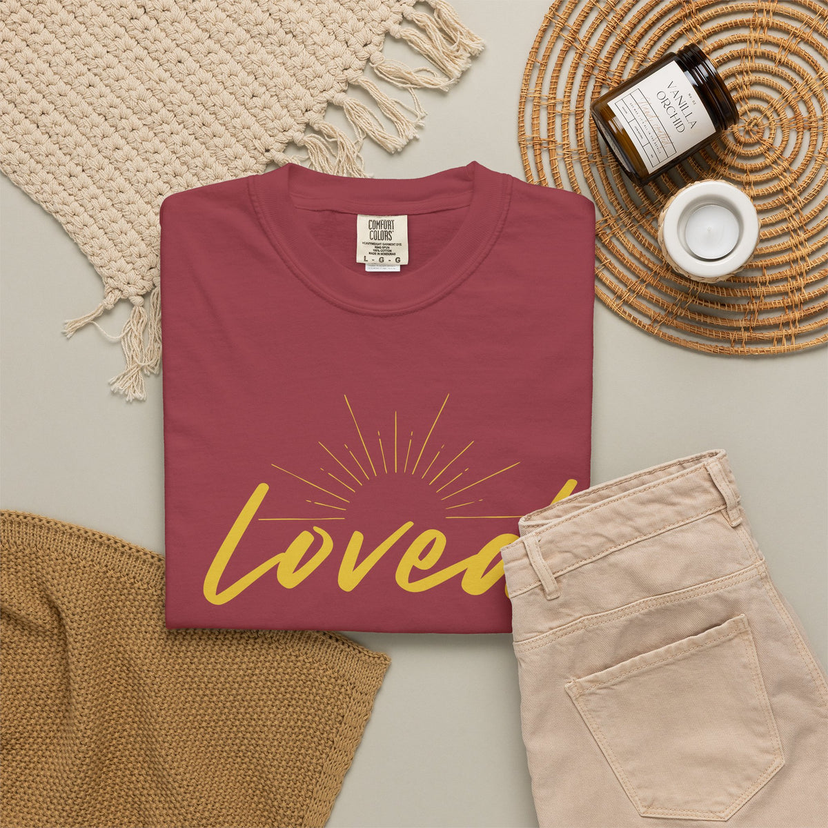 Loved Script T-Shirt — "Loved" Gold Script Tee with Inspirational Scripture Text (John 15:9-10)