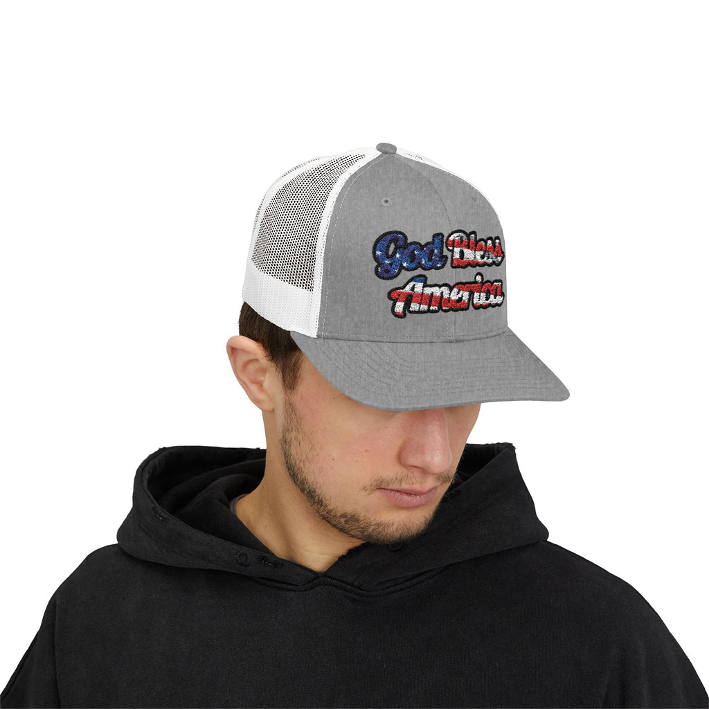 God Bless America Embroidery Snapback Trucker Cap
