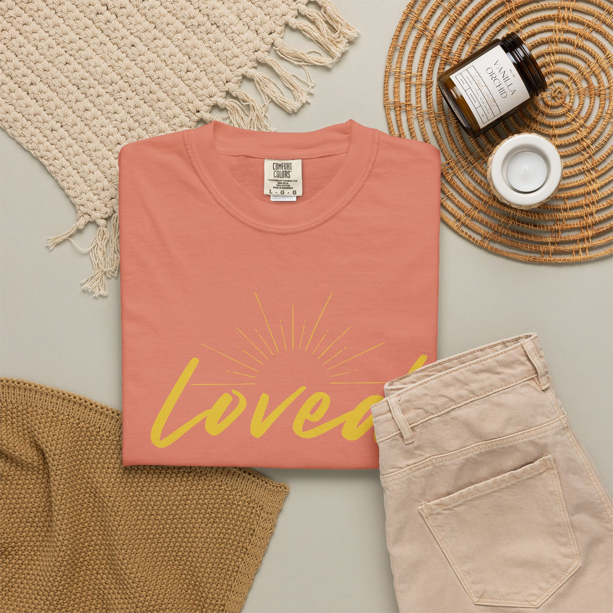 Loved Script T-Shirt — "Loved" Gold Script Tee with Inspirational Scripture Text (John 15:9-10)