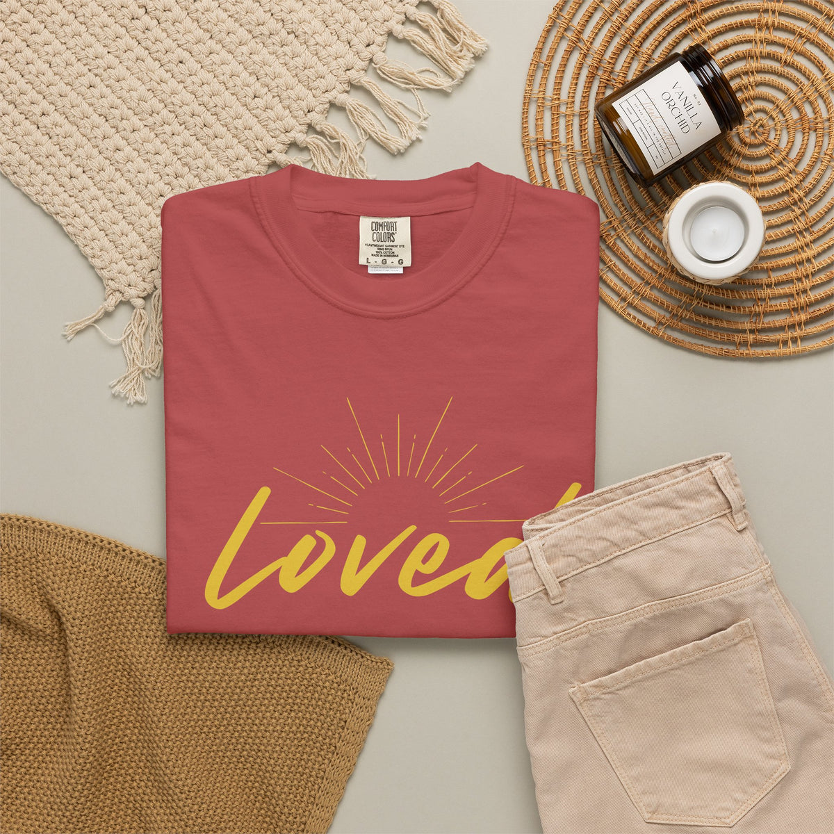 Loved Script T-Shirt — "Loved" Gold Script Tee with Inspirational Scripture Text (John 15:9-10)