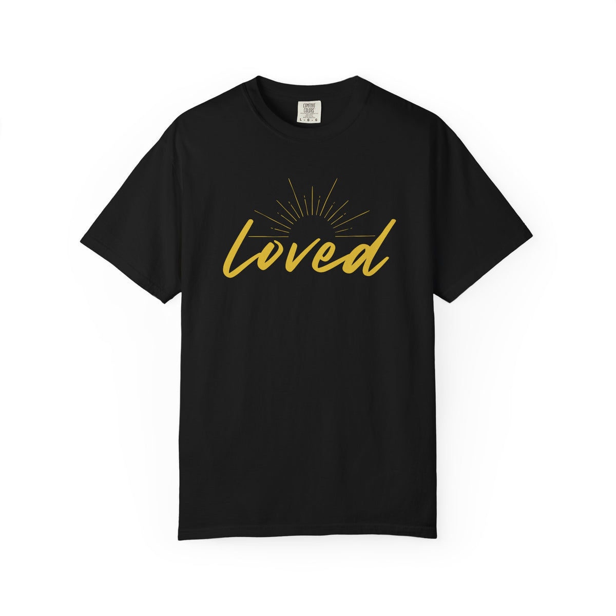Loved Script T-Shirt — "Loved" Gold Script Tee with Inspirational Scripture Text (John 15:9-10)