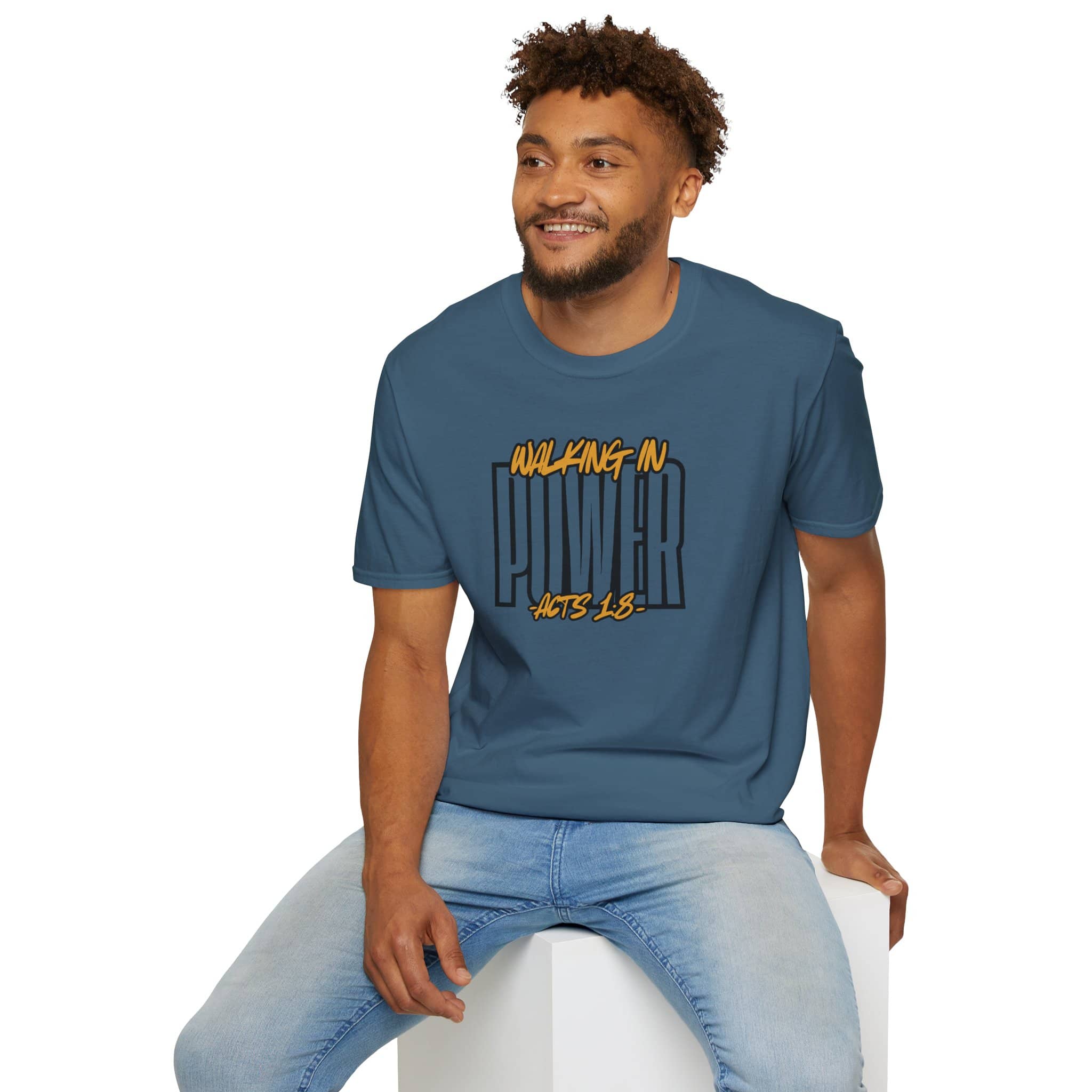 Men's scripture graphic tee in blue featuring 'Walking in Power Acts 1:8' front view