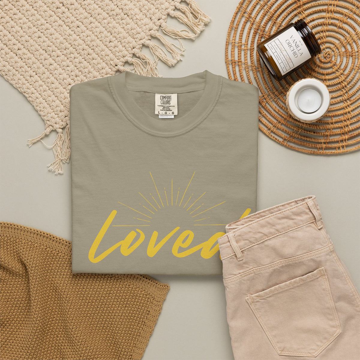 Loved Script T-Shirt — "Loved" Gold Script Tee with Inspirational Scripture Text (John 15:9-10)