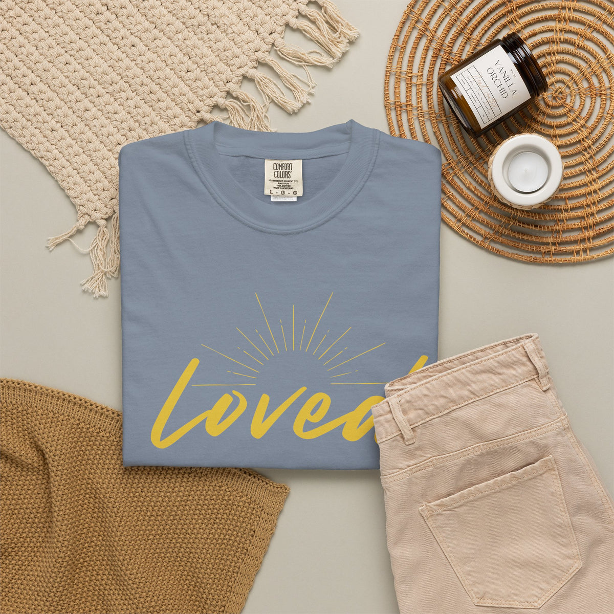 Loved Script T-Shirt — "Loved" Gold Script Tee with Inspirational Scripture Text (John 15:9-10)