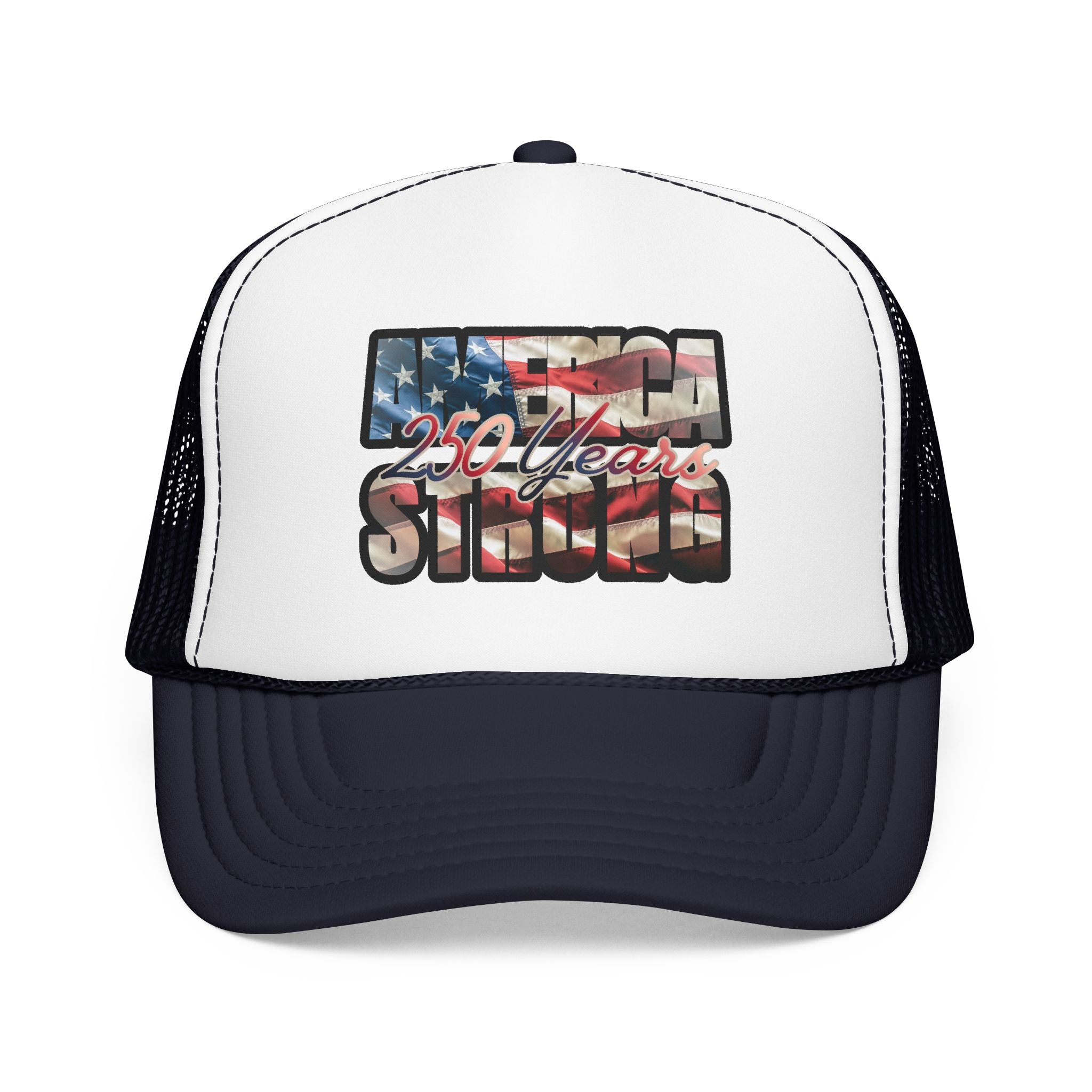 "250 Years Strong" Vintage American Flag Trucker Hat — Patriotic Cap