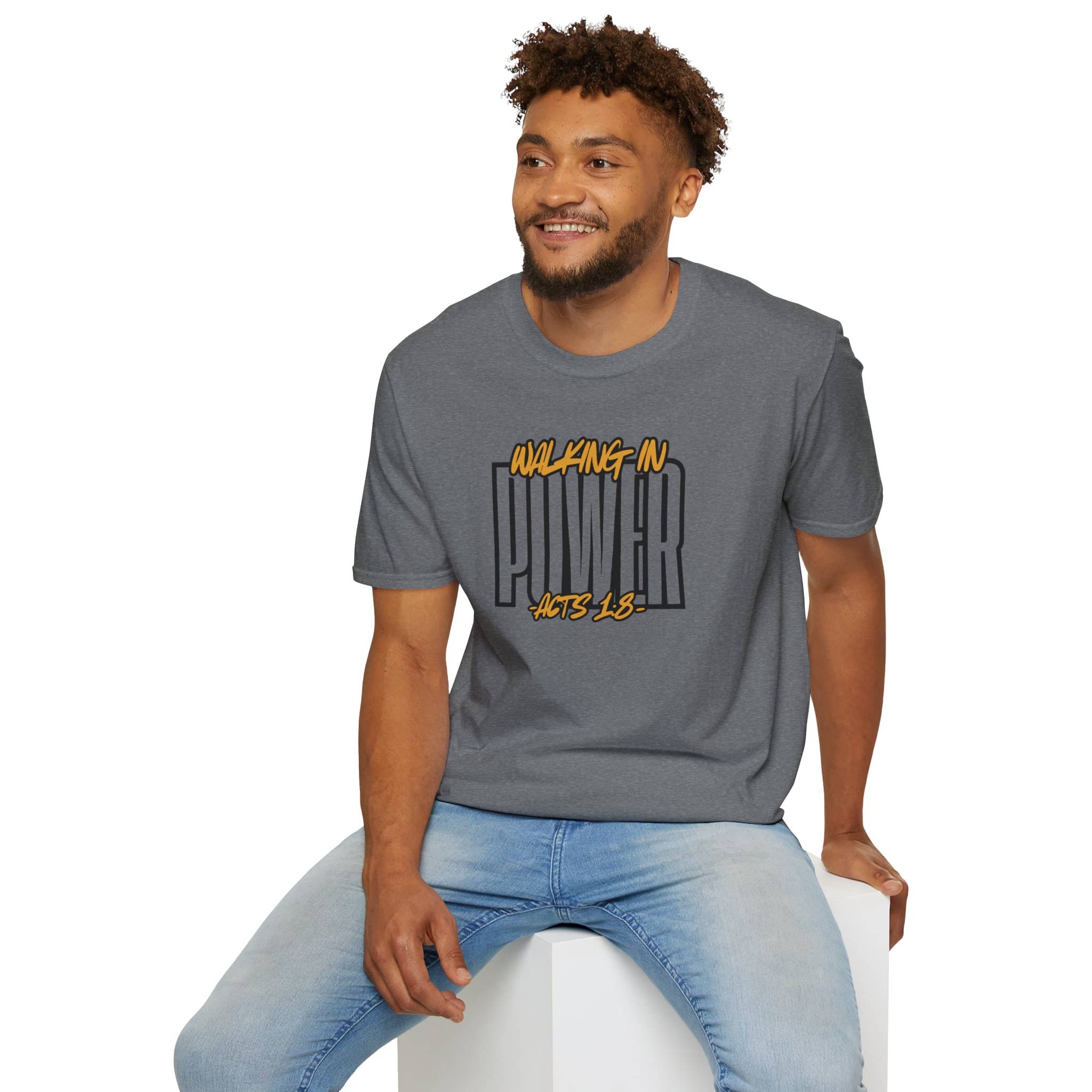 T-shirt with 'Walking in Power Acts 1:8' scripture graphic tee design in heather gray, front view