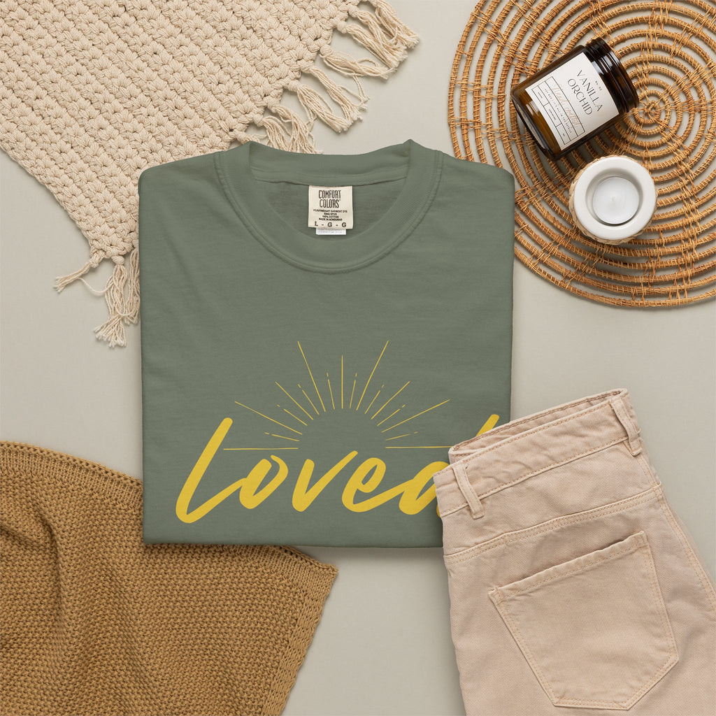 Loved Script T-Shirt — "Loved" Gold Script Tee with Inspirational Scripture Text (John 15:9-10)