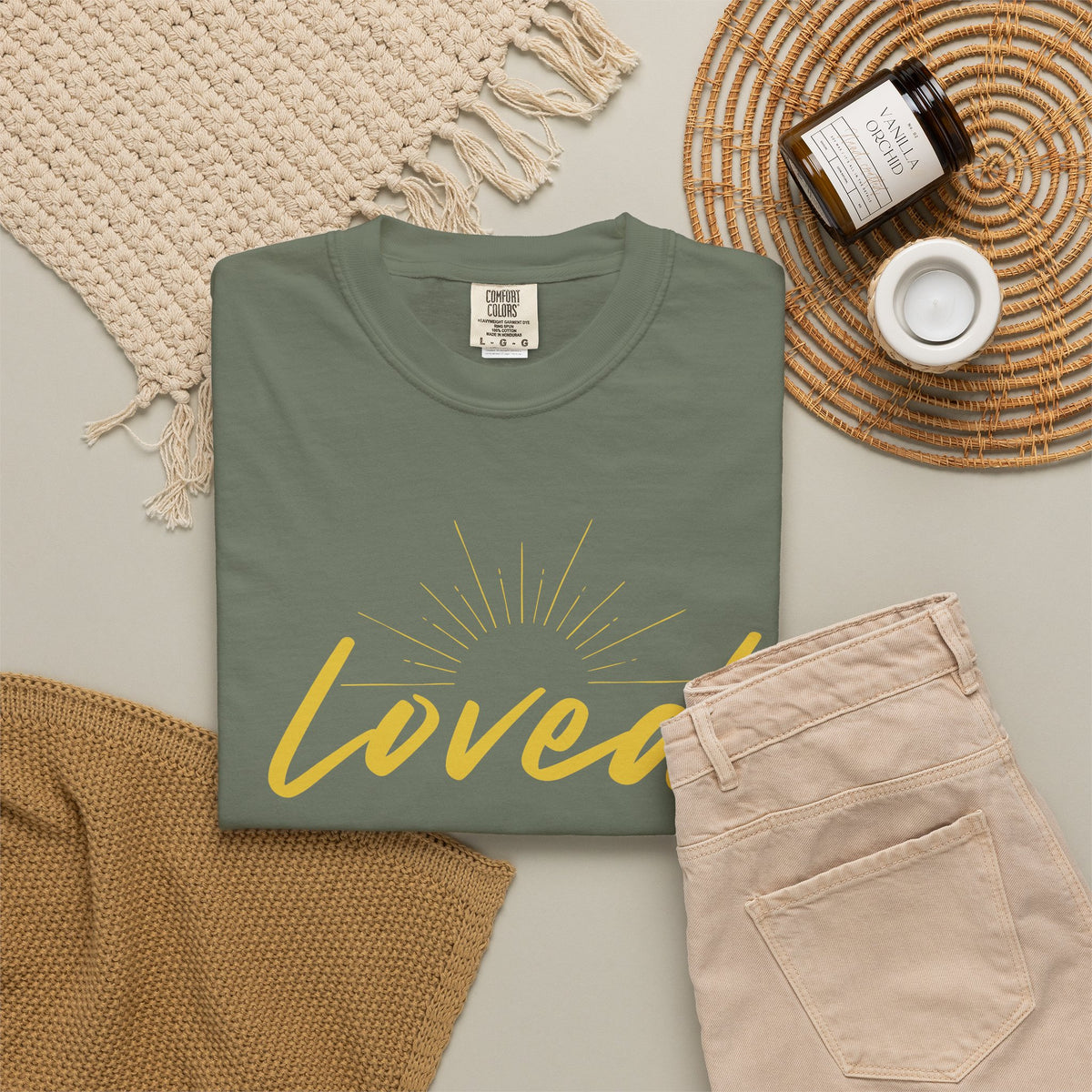 Loved Script T-Shirt — "Loved" Gold Script Tee with Inspirational Scripture Text (John 15:9-10)