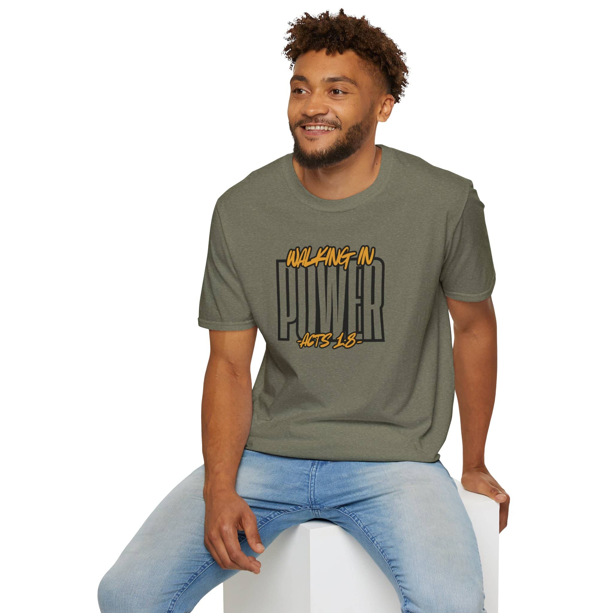 T-Shirt with scripture graphic tee in olive green featuring 'Walking in Power' design on front