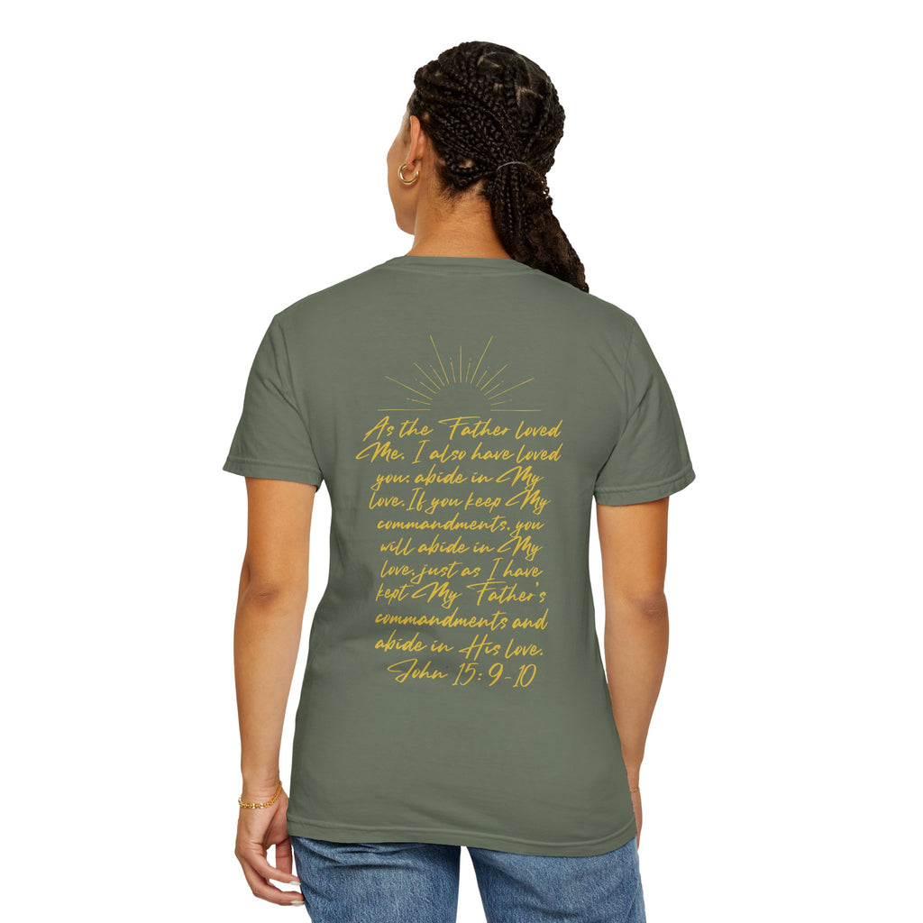 Loved Script T-Shirt — "Loved" Gold Script Tee with Inspirational Scripture Text (John 15:9-10)