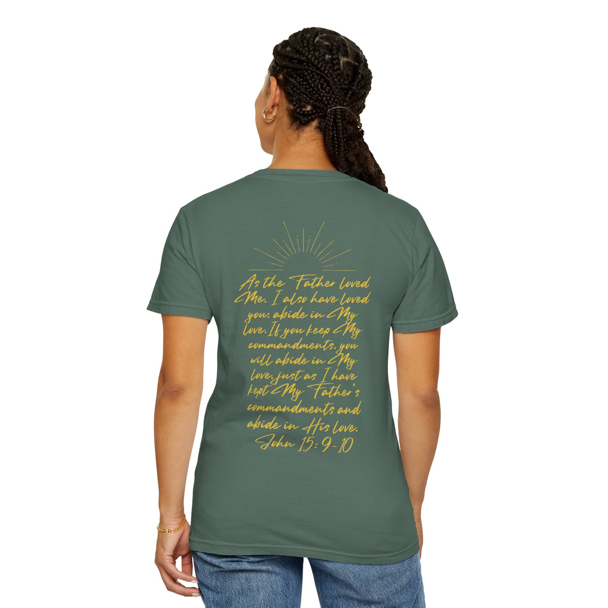 Loved Script T-Shirt — "Loved" Gold Script Tee with Inspirational Scripture Text (John 15:9-10)
