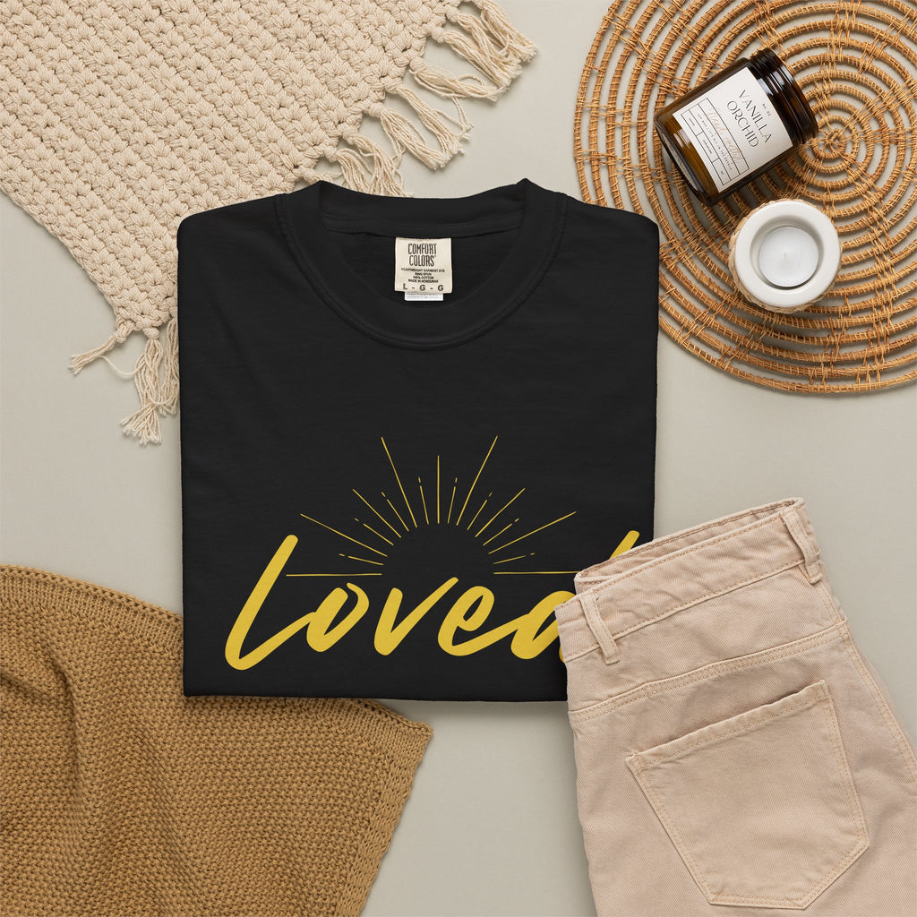 Loved Script T-Shirt — "Loved" Gold Script Tee with Inspirational Scripture Text (John 15:9-10)