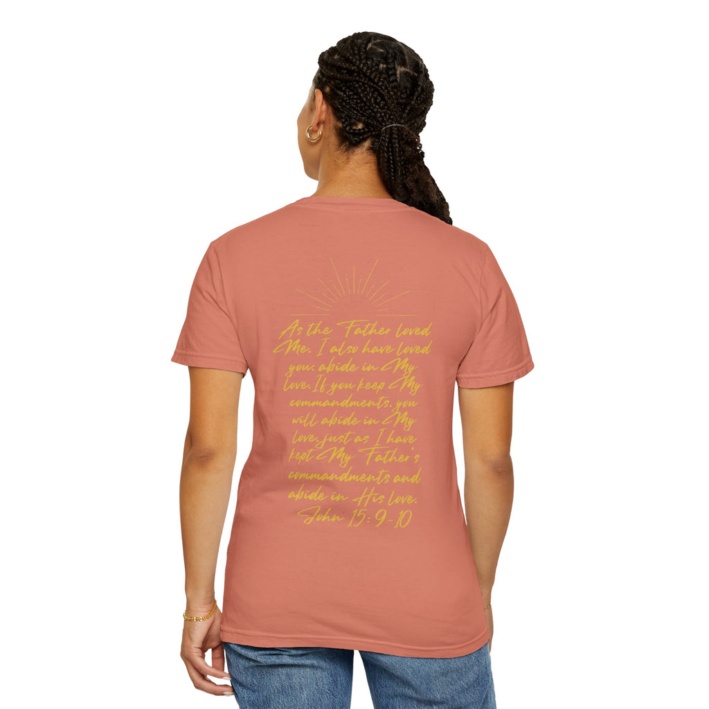 Loved Script T-Shirt — "Loved" Gold Script Tee with Inspirational Scripture Text (John 15:9-10)