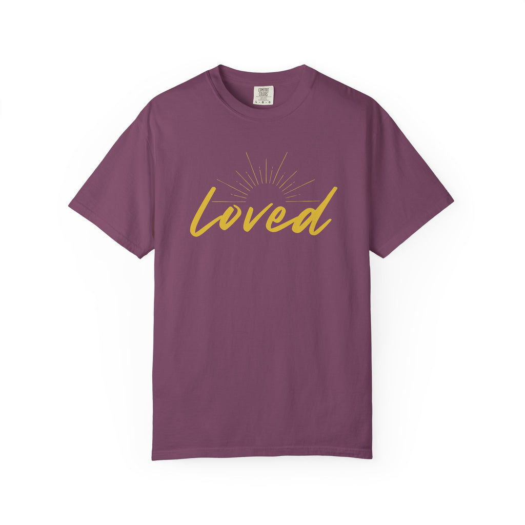 Loved Script T-Shirt — "Loved" Gold Script Tee with Inspirational Scripture Text (John 15:9-10)