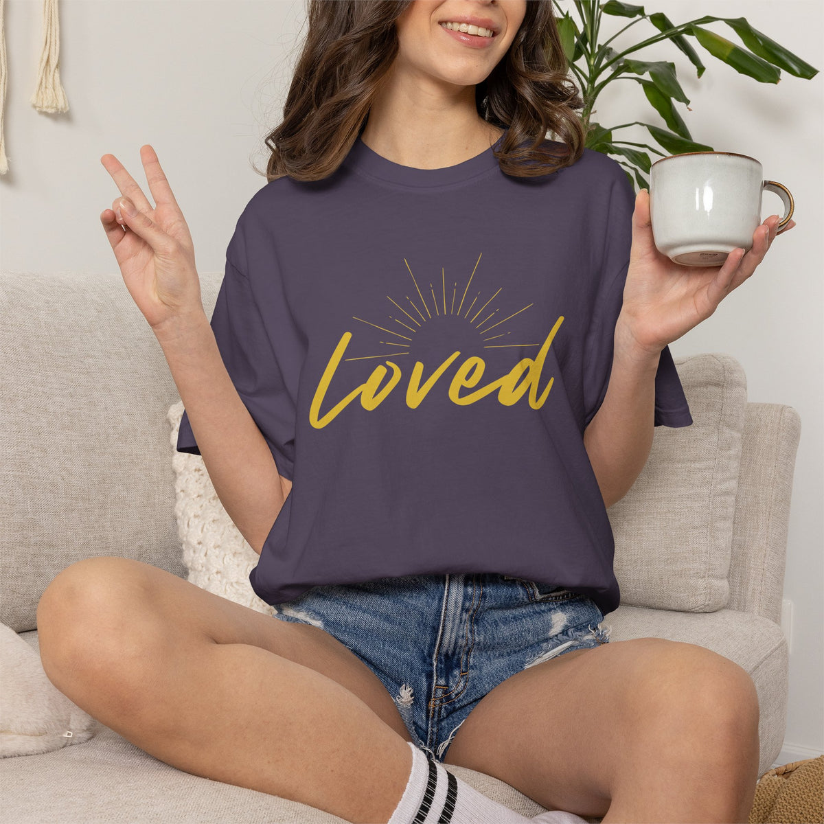 Loved Script T-Shirt — "Loved" Gold Script Tee with Inspirational Scripture Text (John 15:9-10)