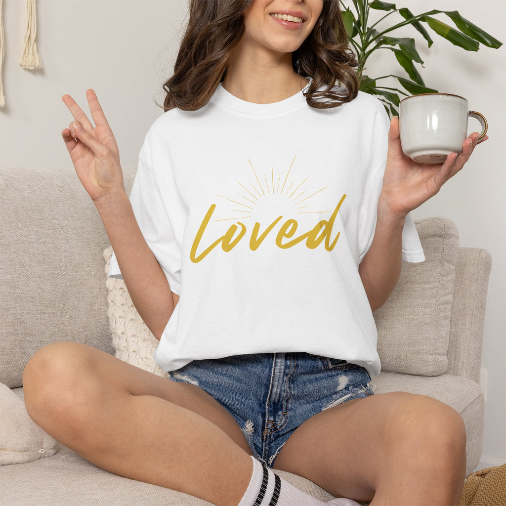 Loved Script T-Shirt — "Loved" Gold Script Tee with Inspirational Scripture Text (John 15:9-10)