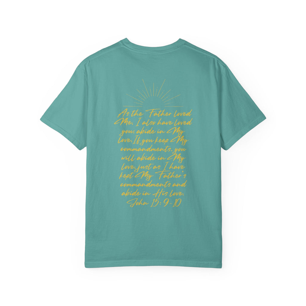 Loved Script T-Shirt — "Loved" Gold Script Tee with Inspirational Scripture Text (John 15:9-10)