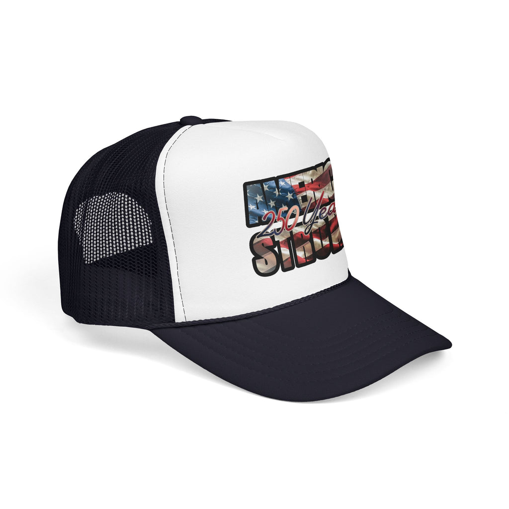 "250 Years Strong" Vintage American Flag Trucker Hat — Patriotic Cap