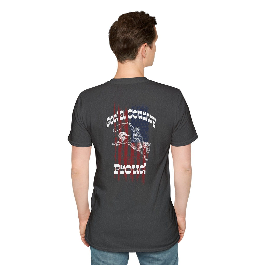 God & Country Proud T-Shirt in dark gray with striking graphic on back view