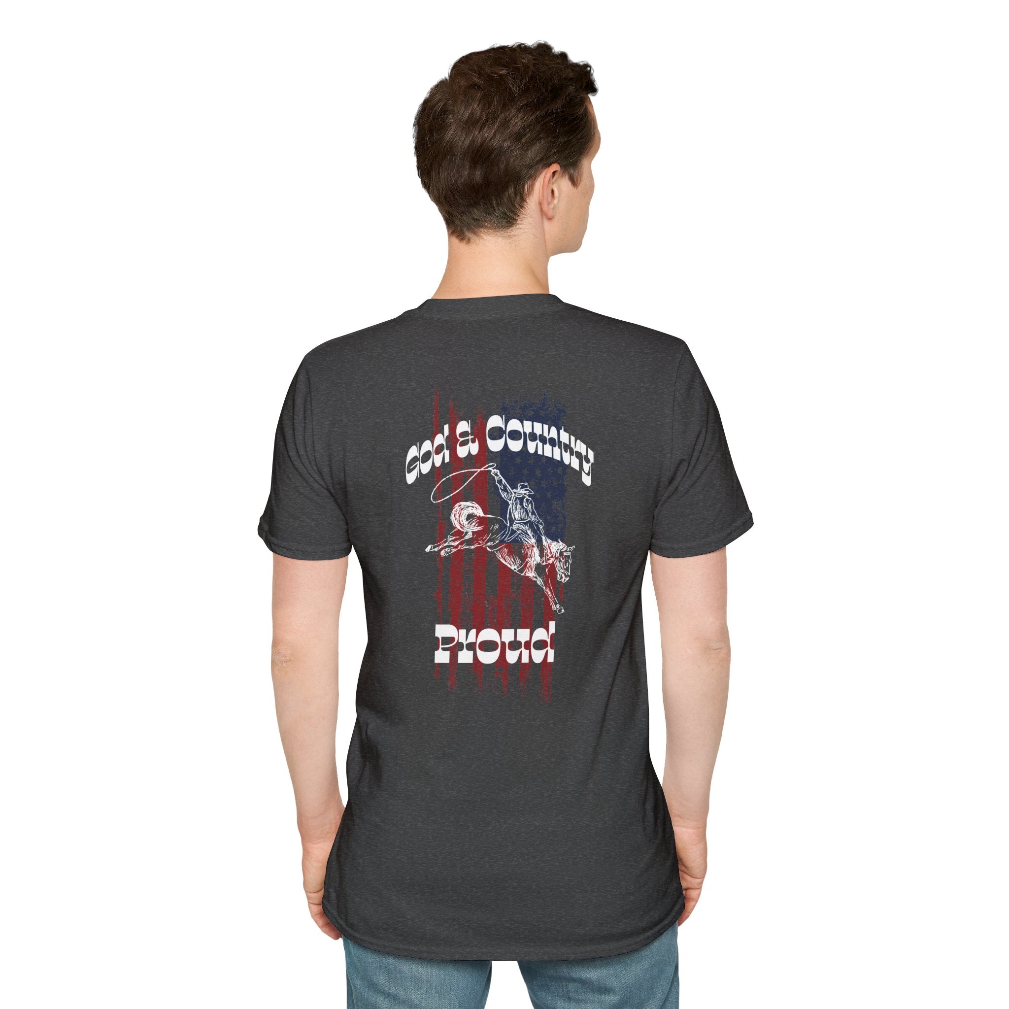 God & Country Proud T-Shirt in dark gray with striking graphic on back view