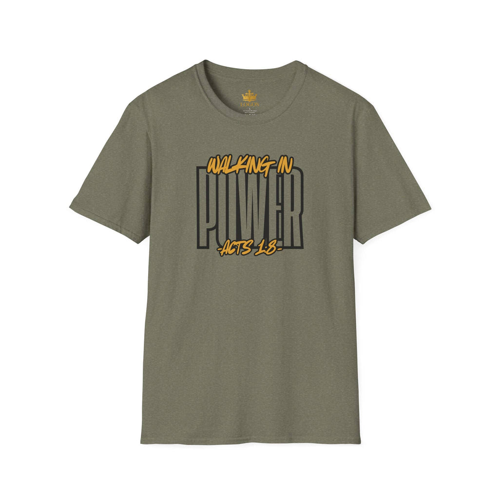 T-Shirt with 'Walking in Power Acts 1:8' graphic in olive green front view.