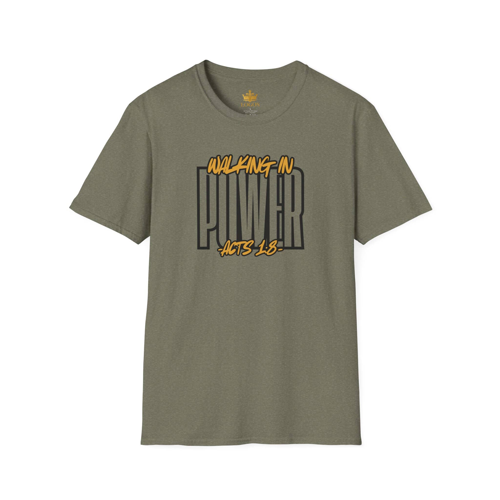 T-Shirt with 'Walking in Power Acts 1:8' graphic in olive green front view.