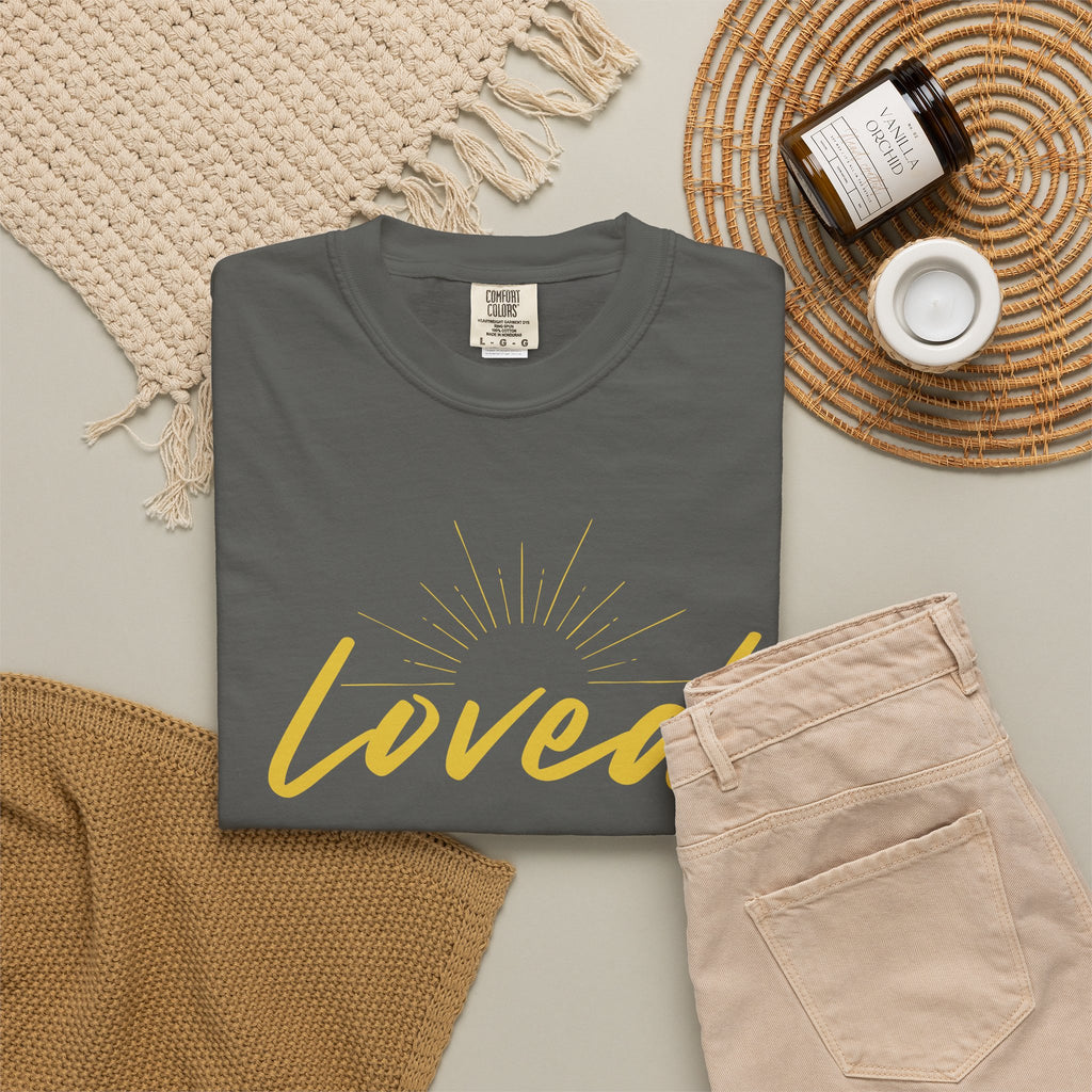 Loved Script T-Shirt — "Loved" Gold Script Tee with Inspirational Scripture Text (John 15:9-10)