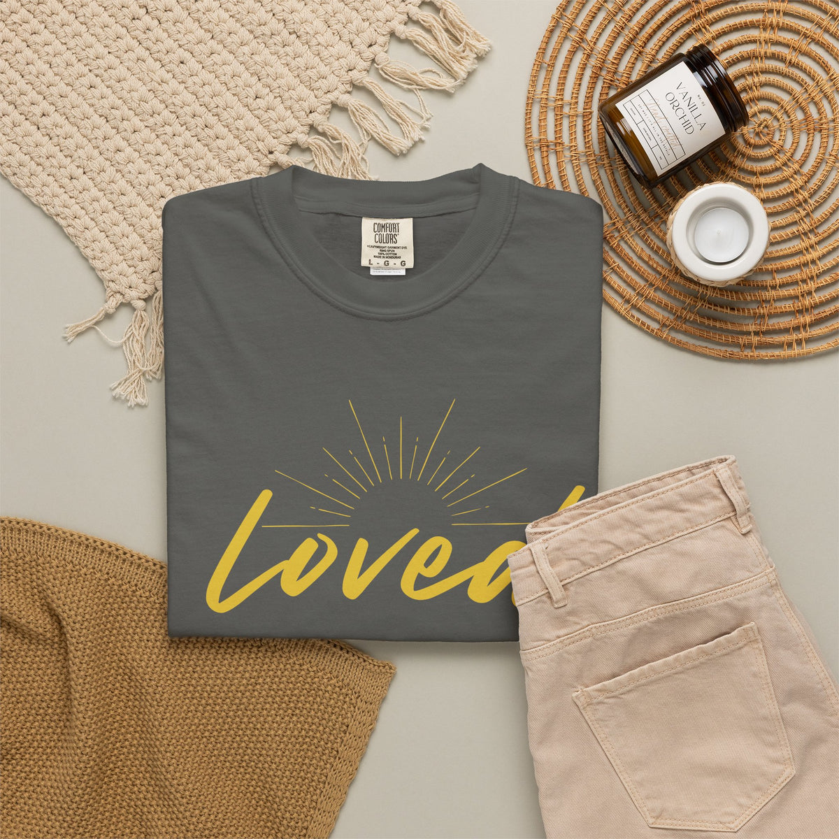 Loved Script T-Shirt — "Loved" Gold Script Tee with Inspirational Scripture Text (John 15:9-10)