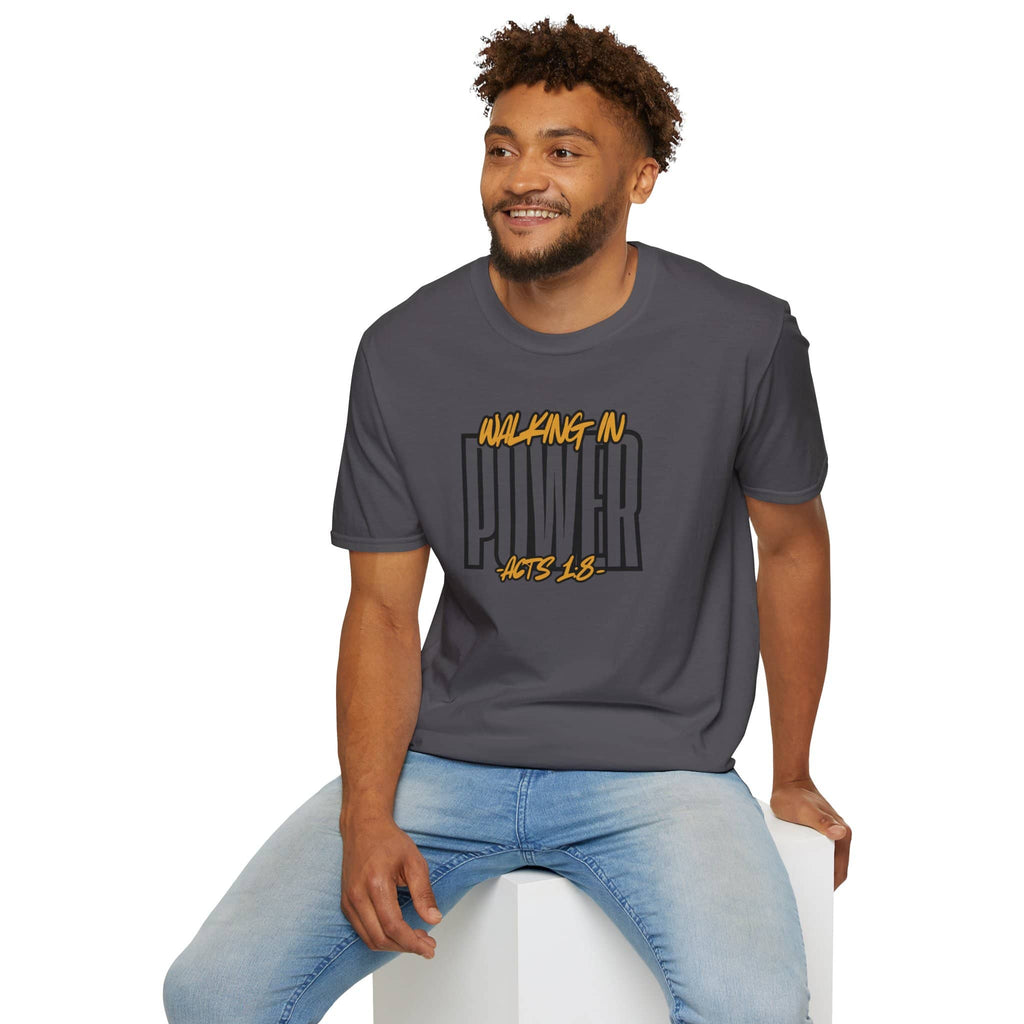 T-Shirt with 'Walking in Power' scripture graphic tee design in charcoal gray, front view
